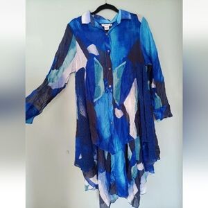 Ferratelli Vibrant Blue Abstract Button-Up Tunic Womens 100% Polyester